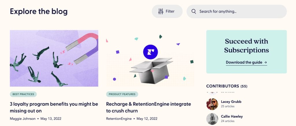 Screenshot shows the Recharge blog.