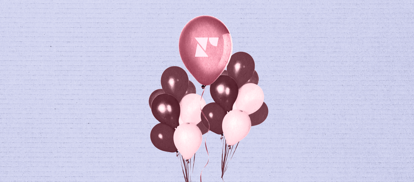 Celebratory balloons with the Recharge logo at the top