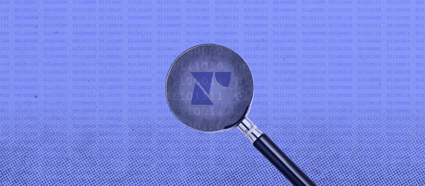 A magnifying glass is seen over a purple background with coding; the lens of the magnifying glass shows a lowercase "r," the Recharge logo.