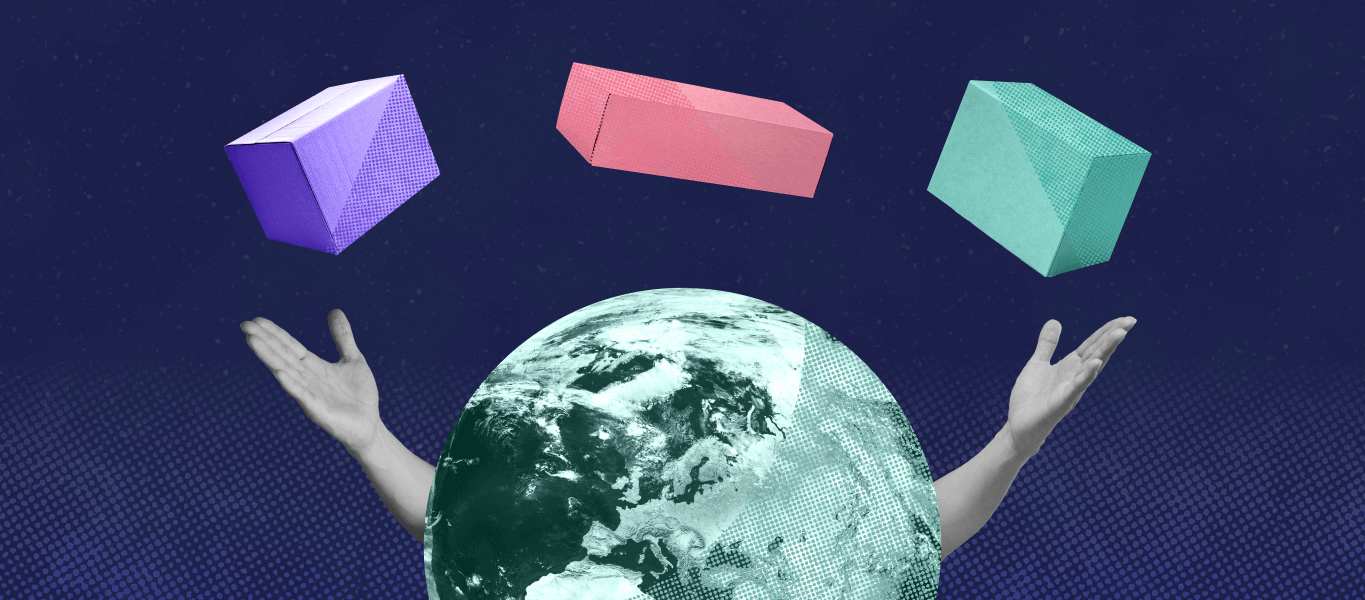 This image showcases sustainable ecommerce with a globe juggling three shipping boxes of various colors.