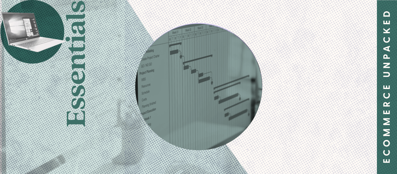 A laptop with the word Essentials next to it. and a screenshot of an accounting spreadsheet.