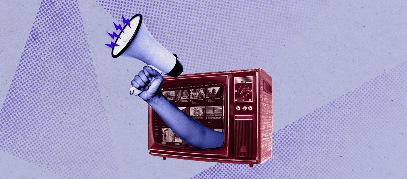 A megaphone breaks through an old TV screen, showing how YouTube has transformed video-watching.