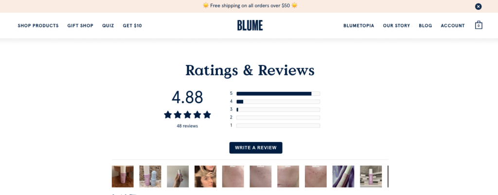 The ratings & reviews section on a Blume product page.