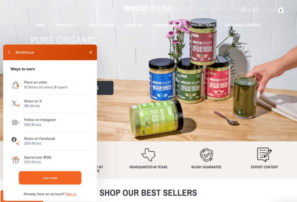 A list of ways that BrickHouse Nutrition customers can earn rewards.