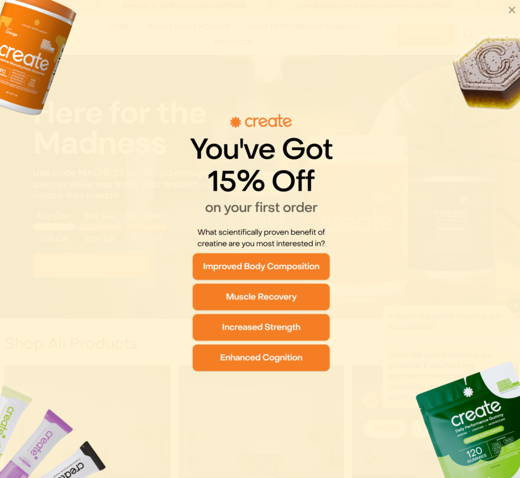 An intake survey and first-order discount offer from Create.