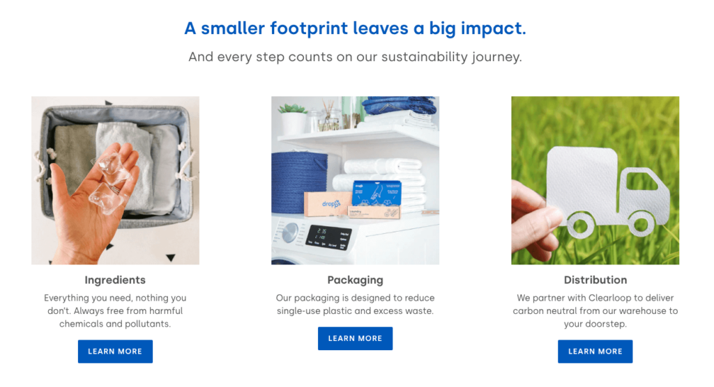 On Dropps About Us page, a graphic detailing the sustainability journey their products take from ingredients, packaging, and distribution (while also giving you the option to learn more beneath each stage)