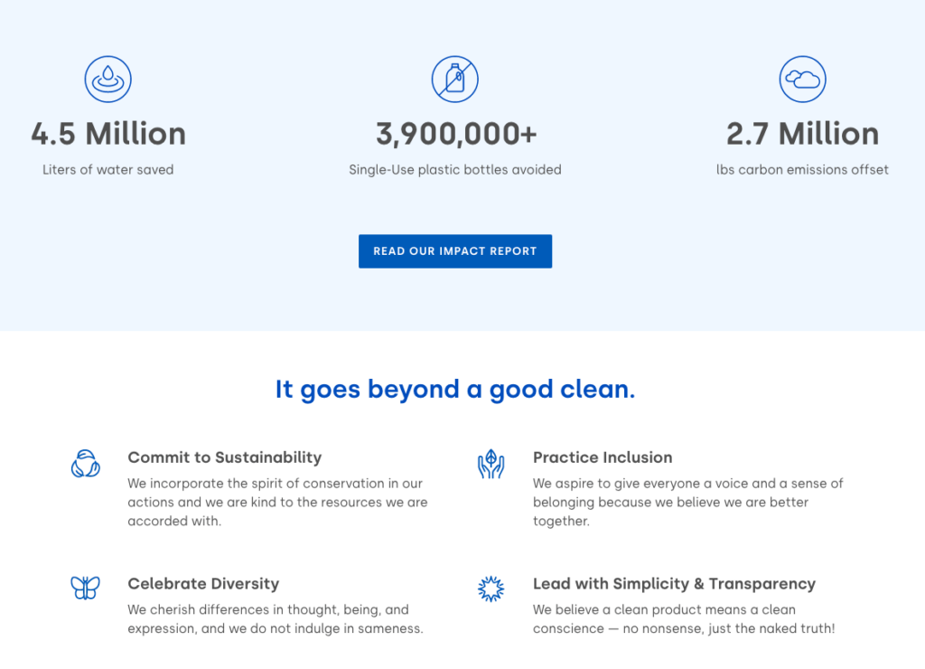 From Dropps' About Us page, a graphic showing the 4.5 million litres saved, the almost 4 million single-use plastic bottles avoided and the 2.7 million lbs of carbon emissions offeset