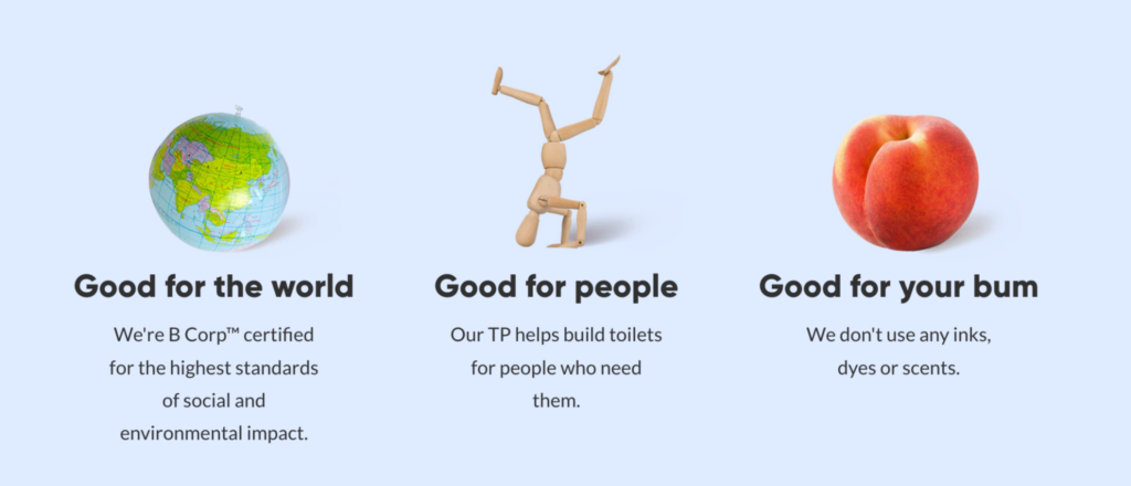 Screenshot from Who Gives a Crap website shows a globe, a mannequin, and a peach with text below each image.