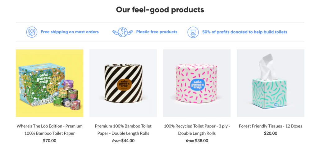 Who Gives a Crap's homepage shows some of their products and some informational text. 