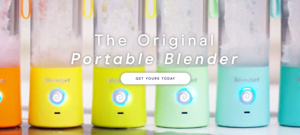 BlendJet's website shows a colorful video of blenders on their homepage.