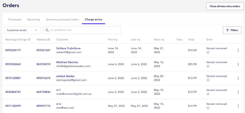 Image shows a screenshot of a Charge Errors dashboard.