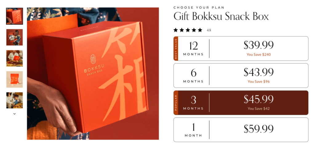 A screenshot of Bokksu's snackbox subscription options with the 3 months highlighted at $45.99.