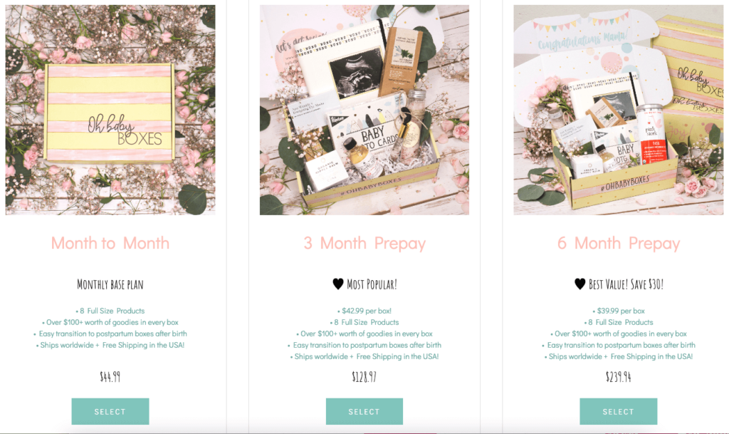Three different plan options for Oh Baby Boxes.