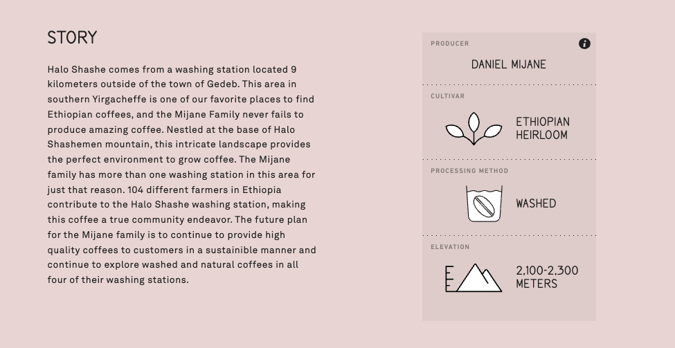 A snapshot of Verve's website to show the story, producer, cultivar, processing method, and elevation for each product they provide.