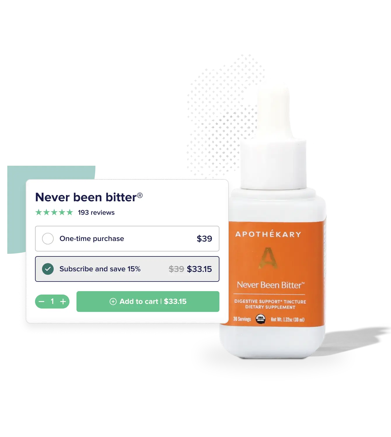 Bottle of Apothékary supplements next to an ecommerce order interface