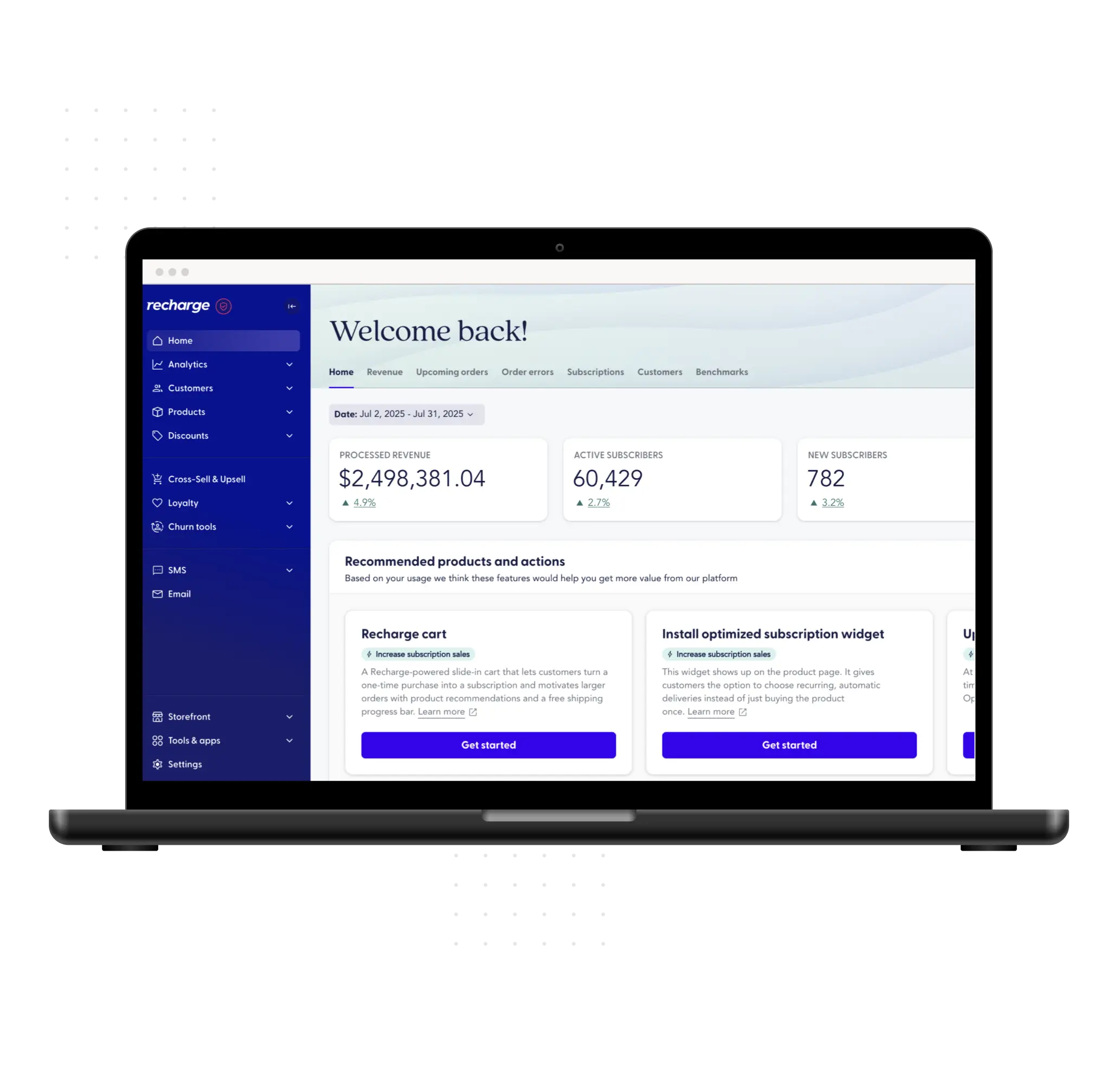 A laptop displaying the Recharge dashboard to a returning user